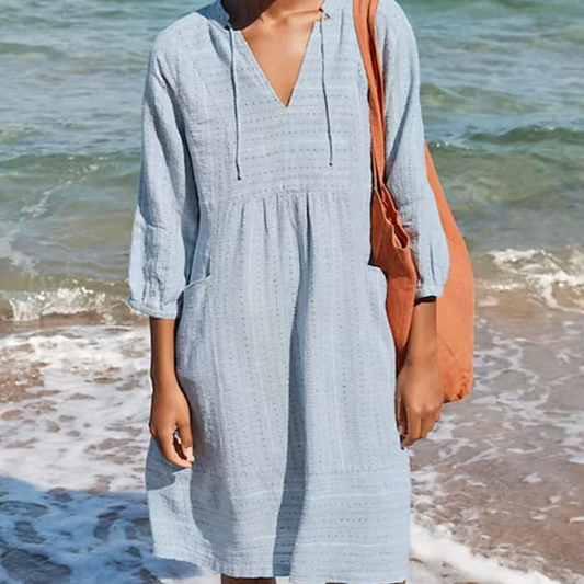 Sommerkleid aus Baumwolle und Leinen mit V-Ausschnitt für Damen