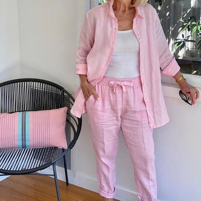 💐Set aus langärmliger Bluse und Hose aus Baumwollleinen für Damen🔥