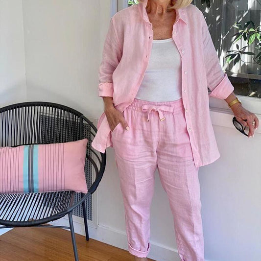 💐Set aus langärmliger Bluse und Hose aus Baumwollleinen für Damen🔥