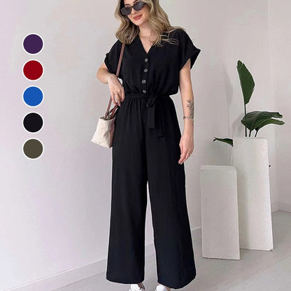 🌸 Lässiger Damen-Overall mit V-Ausschnitt und kurzen Ärmeln