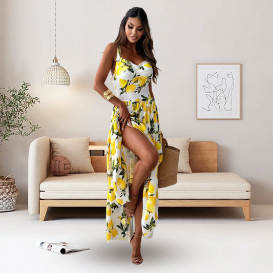 🍋Elegantes, fließendes langes Damenkleid mit Spaghettiträgern und Zitronendruck