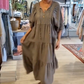 Mehrlagiges, einfarbiges, langes Kleid mit V-Ausschnitt und halben Ärmeln für Damen