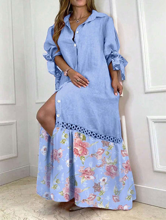 🔥 Lässiges Hemdkleid mit Spitze, Patchwork und Blumenmuster für Damen, Ärmelbündchen, Band und Gürtel