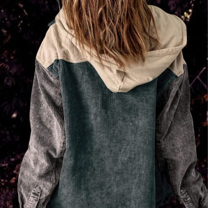 Lässige Cordjacke mit Kapuze und Farbblockdesign für Damen