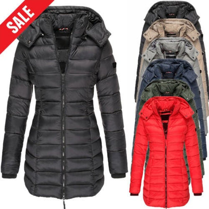 Mittellange wattierte Winterjacke für Frauen, einfarbige, warme Kapuzenjacke