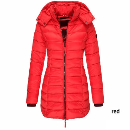 Mittellange wattierte Winterjacke für Frauen, einfarbige, warme Kapuzenjacke