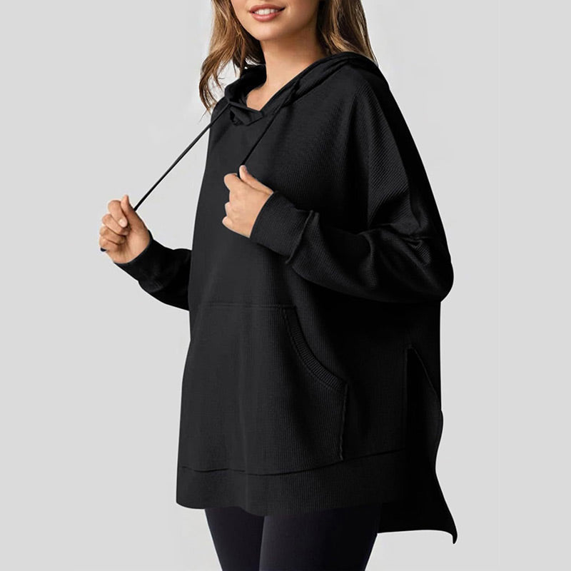 💥Heißer Verkauf - 49% RABATT✨Langärmliger Kapuzenpullover aus Waffelstrick für Damen mit Seitenschlitzen