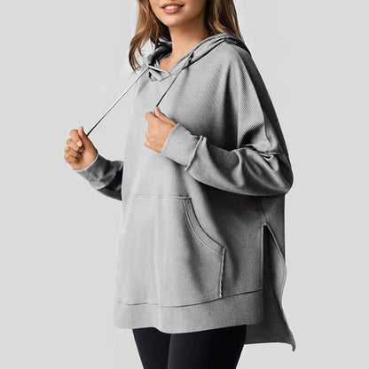 💥Heißer Verkauf - 49% RABATT✨Langärmliger Kapuzenpullover aus Waffelstrick für Damen mit Seitenschlitzen