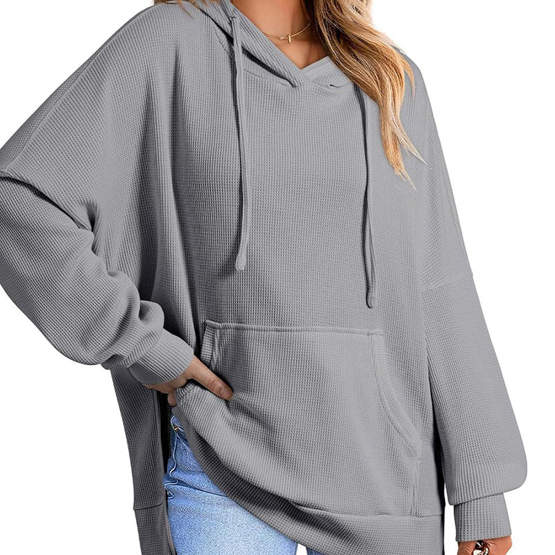 💥Heißer Verkauf - 49% RABATT✨Langärmliger Kapuzenpullover aus Waffelstrick für Damen mit Seitenschlitzen