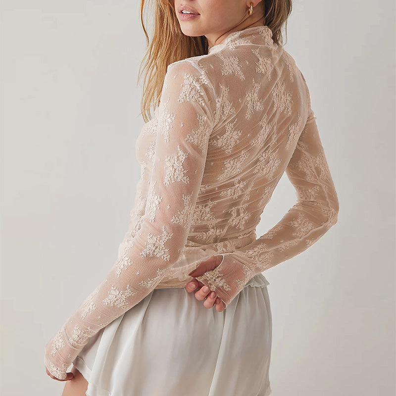 Lagentop aus transparenter Spitze mit Blumenmuster und Daumenloch für Damen