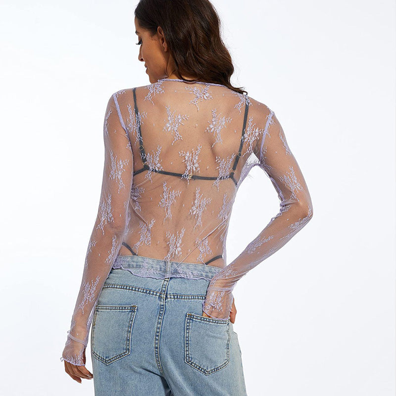 Lagentop aus transparenter Spitze mit Blumenmuster und Daumenloch für Damen