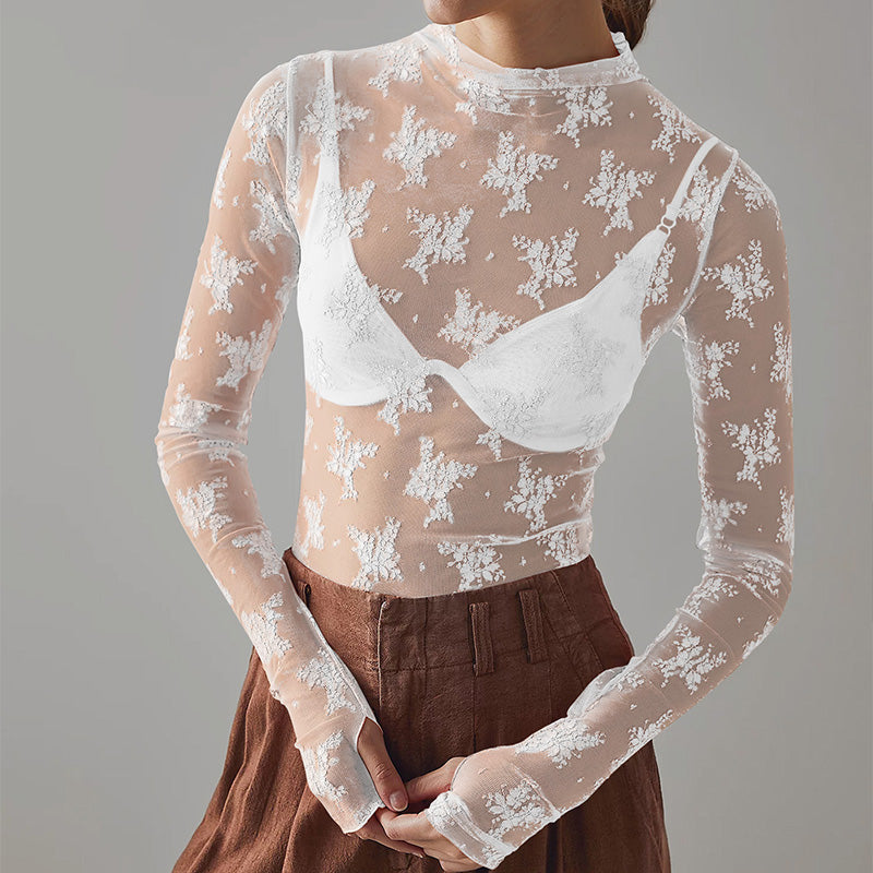 Lagentop aus transparenter Spitze mit Blumenmuster und Daumenloch für Damen