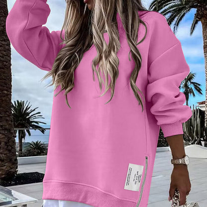 Langärmeliger Pullover mit Reißverschluss Schlitz Lässiges Sweatshirt Kleid