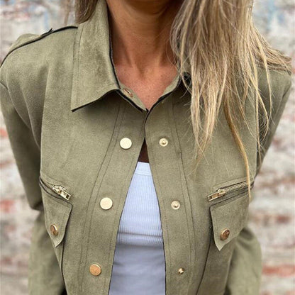 Button-Down-Utility-Jacke aus Wildlederimitat für Damen