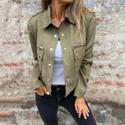 Button-Down-Utility-Jacke aus Wildlederimitat für Damen