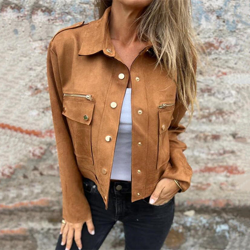 Button-Down-Utility-Jacke aus Wildlederimitat für Damen