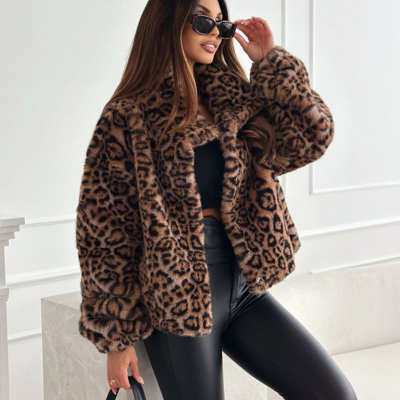 🍂❄️Neu Herbst/Winter🐆Flauschiger Kurzmantel mit Leoparden-Print für Damen