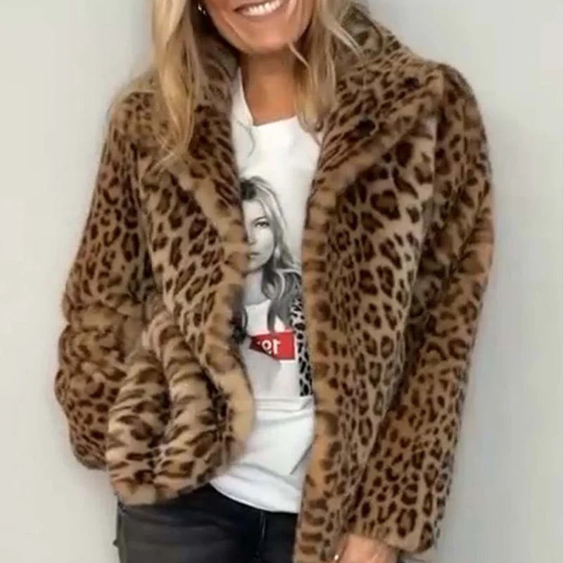 🍂❄️Neu Herbst/Winter🐆Flauschiger Kurzmantel mit Leoparden-Print für Damen