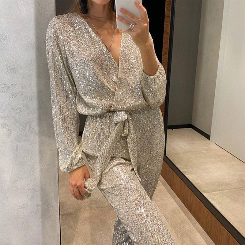 ✨Glitzernde Damen Jumpsuits mit V-Ausschnitt und Gürtel✨💃🌟