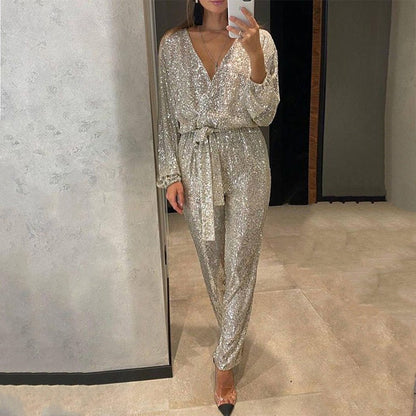 ✨Glitzernde Damen Jumpsuits mit V-Ausschnitt und Gürtel✨💃🌟