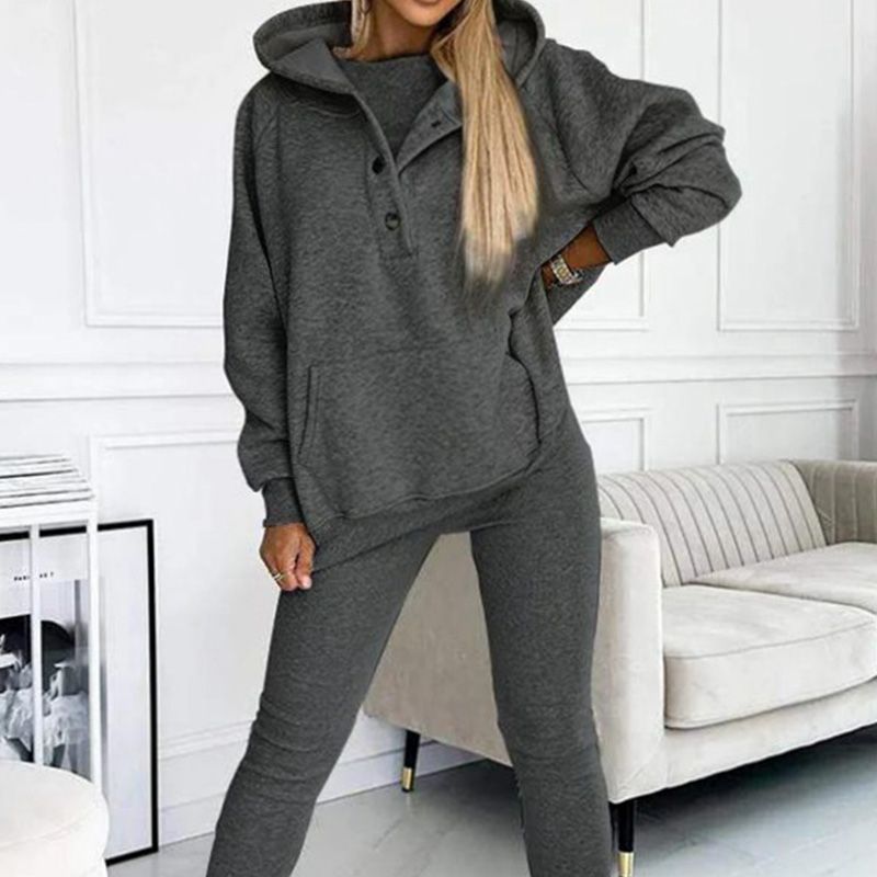 2024 Damen-Sport-Freizeit-Sweatshirt mit Kapuze + schmaler Weste + Hose, 3er-Set