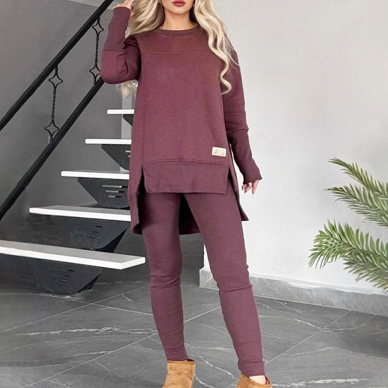 🔥Stil-Upgrade🔥Sweatshirt mit hohem Schlitz und niedrigem Saum ＆ Bodycon-Hosen-Set