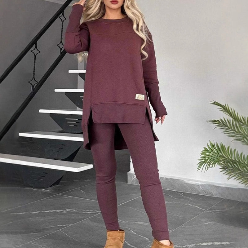 🔥Stil-Upgrade🔥Sweatshirt mit hohem Schlitz und niedrigem Saum ＆ Bodycon-Hosen-Set