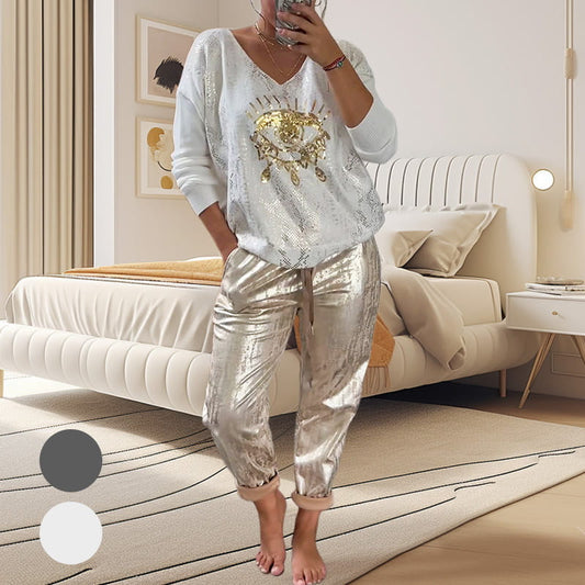 🔥 2-teiliges Damen-Set mit Teufelsaugenmuster und Pailletten【Oberteil + Hose】