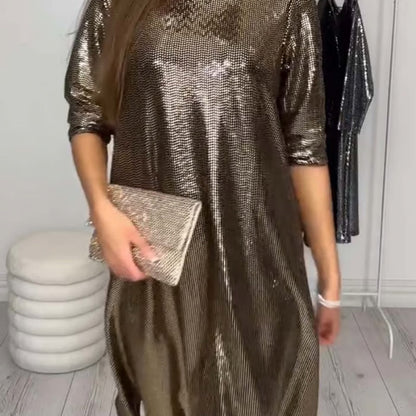 ✨👗Lässiges Rundhalskleid mit Pailletten und mittellangen Ärmeln für Damen