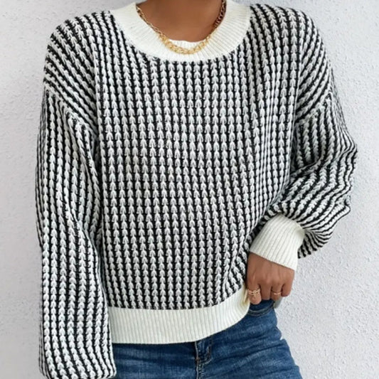 🍂Strickpullover mit Rippenmuster und Rundhalsausschnitt für Damen