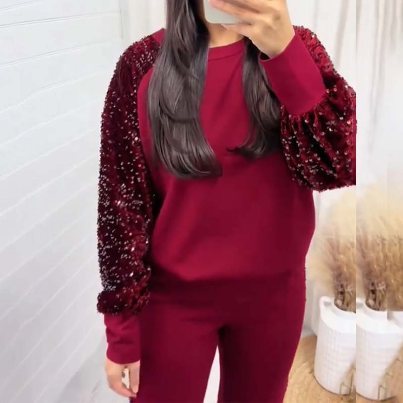 🔥Großer Ausverkauf 49% RABATT🔥Damen-Set aus Sweatshirt mit Paillettendetail und Hose mit weitem Bein