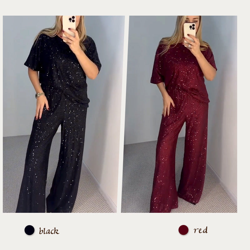 💥💖Pailletten-Rundhalsoberteil und weite Hose für Damen✨