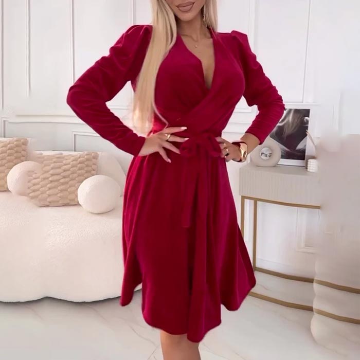 💃Rotes Samtkleid mit V-Ausschnitt und Gürtel in der Taille für Damen👠