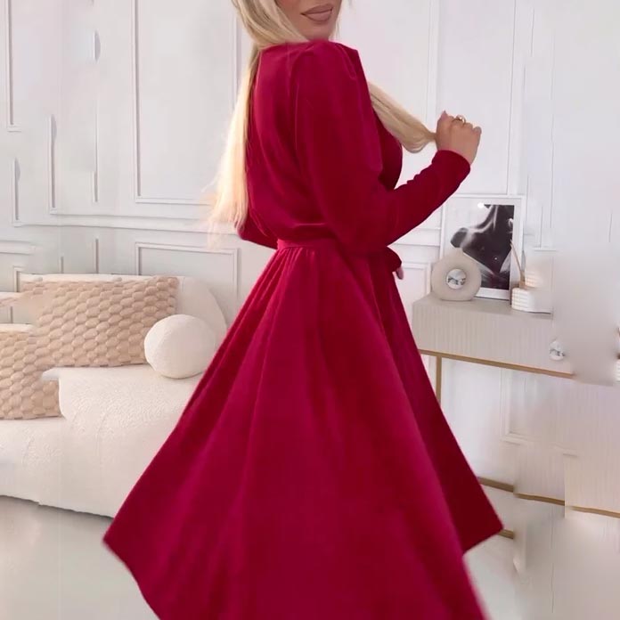 💃Rotes Samtkleid mit V-Ausschnitt und Gürtel in der Taille für Damen👠