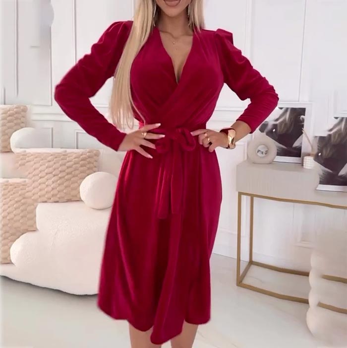 💃Rotes Samtkleid mit V-Ausschnitt und Gürtel in der Taille für Damen👠