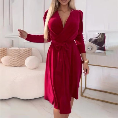 💃Rotes Samtkleid mit V-Ausschnitt und Gürtel in der Taille für Damen👠