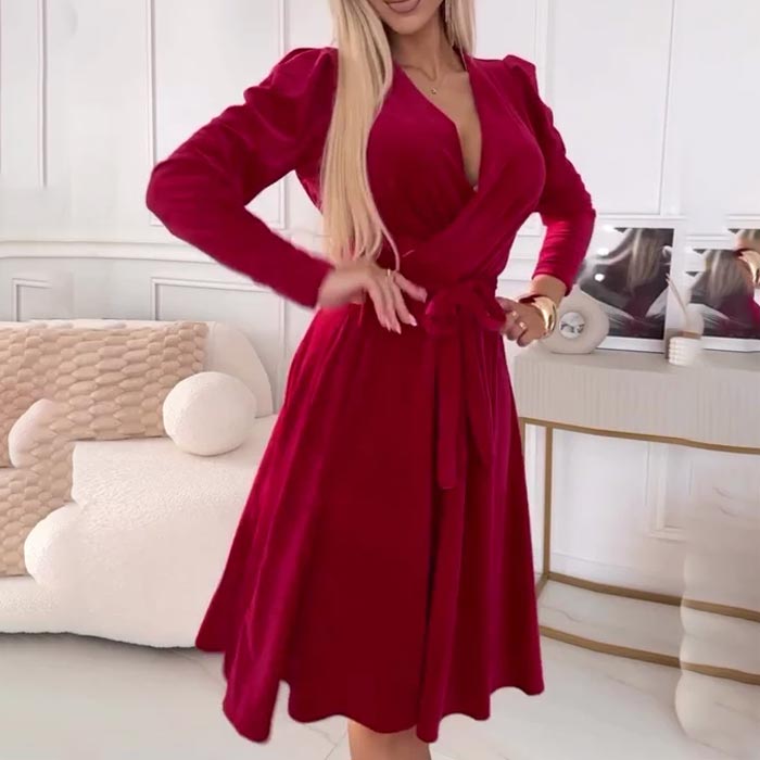 💃Rotes Samtkleid mit V-Ausschnitt und Gürtel in der Taille für Damen👠