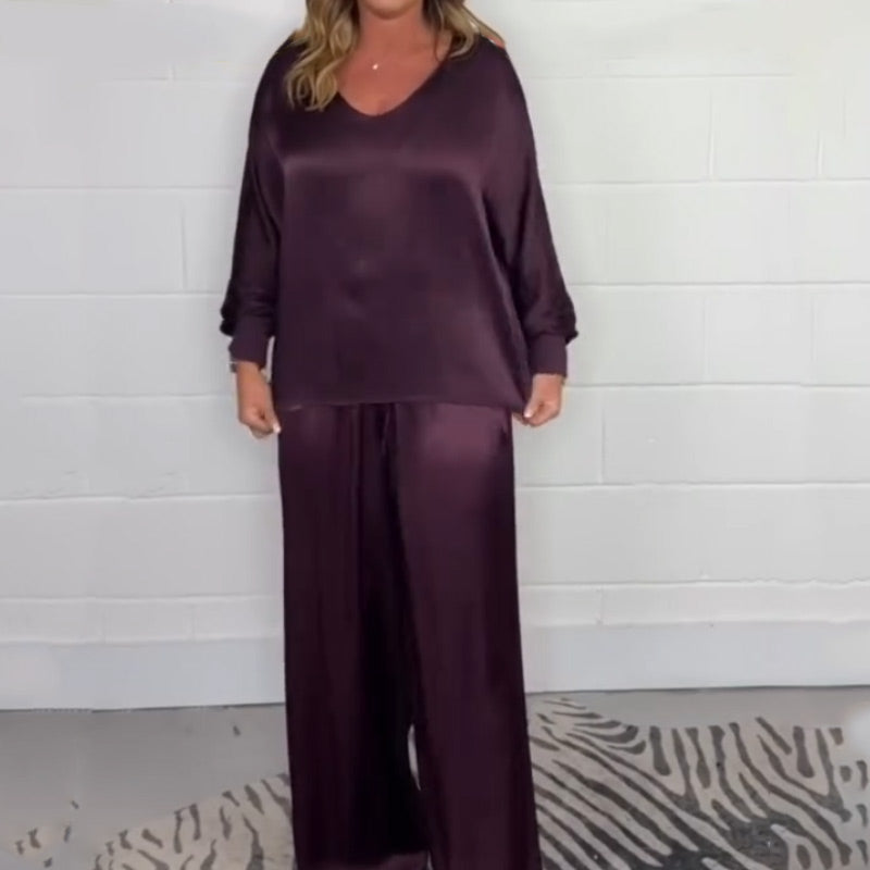 🔥 Frühling 2025 🔥 Lilafarbenes Satin-Set mit V-Ausschnitt und Hose