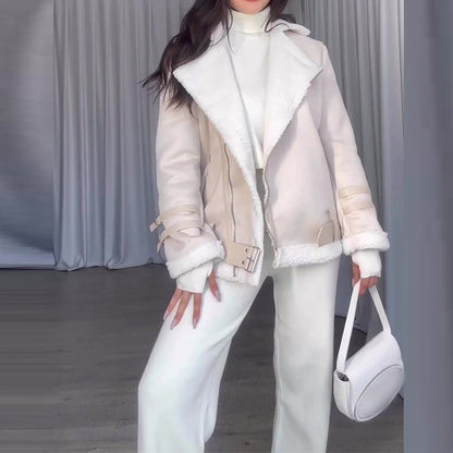 🧥✨Lederjacke mit Lammfellimitat für Frauen