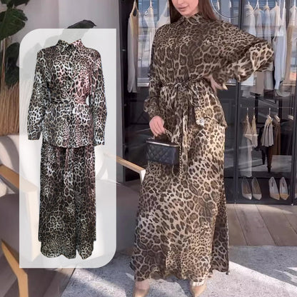 👗Zweiteiliges Set mit langärmligem Hemd mit Leopardenmuster und Maxirock🌟