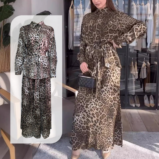👗Zweiteiliges Set mit langärmligem Hemd mit Leopardenmuster und Maxirock🌟
