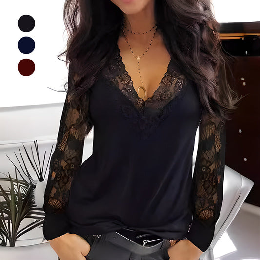 💕Langärmliges Top mit V-Ausschnitt und Spitzendetails