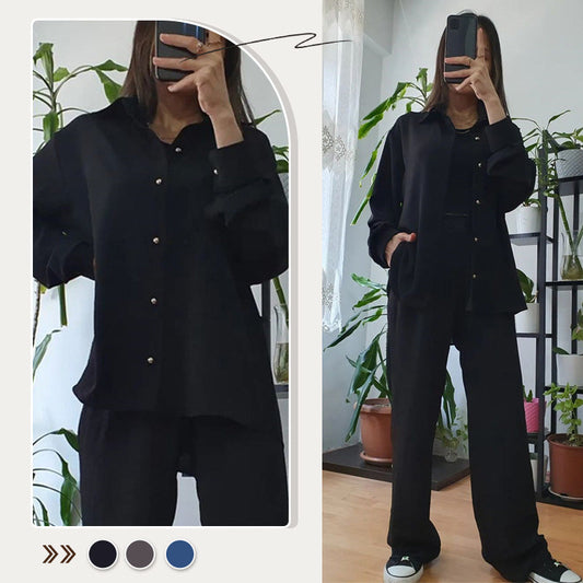 ✨Lässiges Set aus einfarbigem Hemd und Hose mit weitem Bein für Damen🏃‍♀️