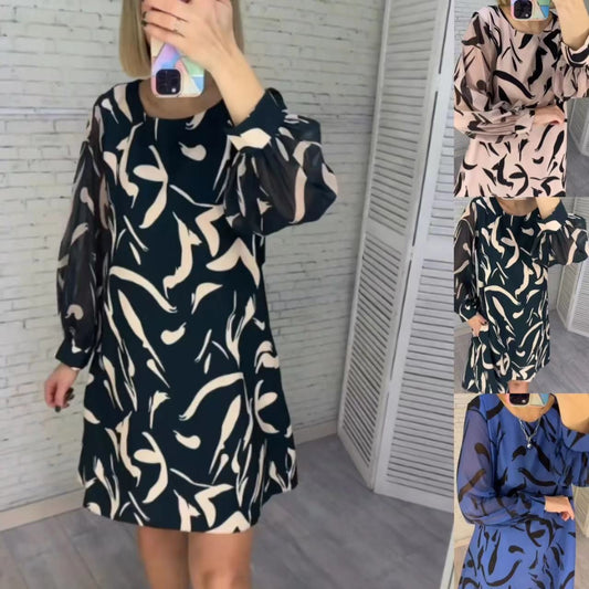 Lose bedrucktes langärmeliges Kleid mit Rundhalsausschnitt
