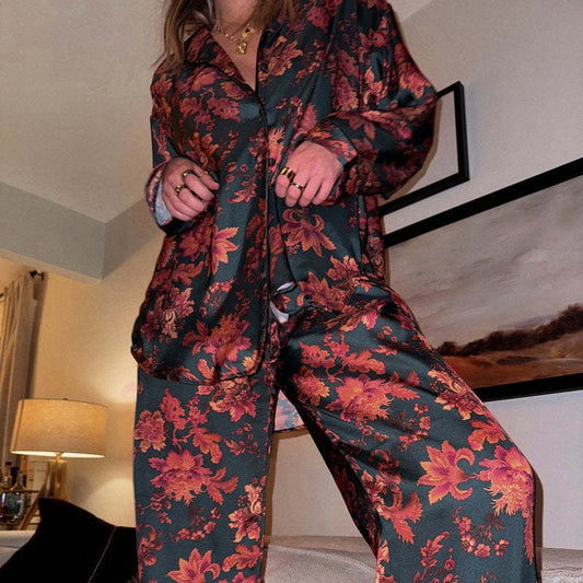 Zweiteiliges Pyjama-Set mit langärmeligem Blumenmuster für Damen, Oberteil und Hose