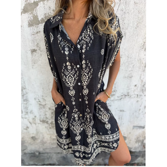 🌸Frühjahrsaktion🌸 Locker sitzendes bedrucktes Kurzarmkleid mit Taschen