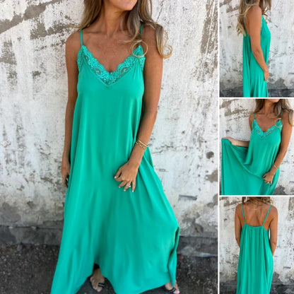 🌸Frühlingsangebote💐 Elegantes Maxikleid mit Spitzenbesatz und V-Ausschnitt und Spaghettiträgern für Damen