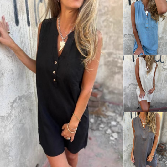👗Frühsommer Neu✨Ärmelloses Damenkleid mit Knopftasche und V-Ausschnitt