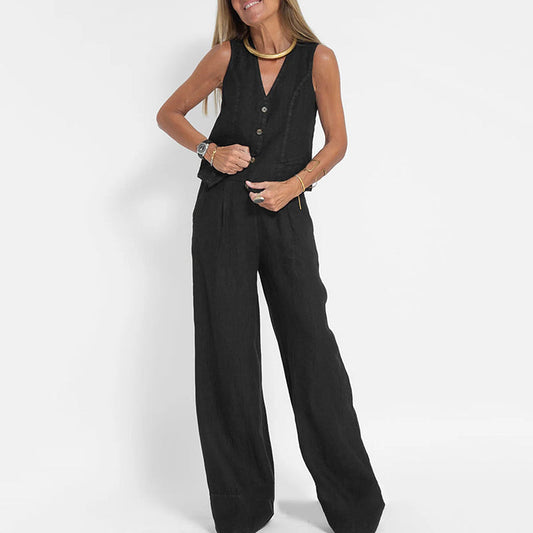 Zweiteiliges Damen-Set aus Leinenweste und weiten Hosen