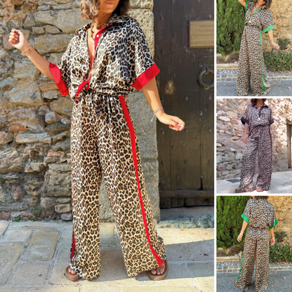 49% RABATT💐 2-teiliges Damen-Outfit mit Leopardenmuster, Button-Down-Hemd und Hose mit weitem Bein